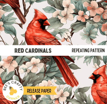 The image is a repeating pattern of red cardinals perched on branches with white flowers.