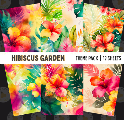 The image is a collage of 12 colorful and vibrant tropical floral designs, including hibiscus flowers, palm leaves, and other lush foliage. The designs feature a variety of bright colors and patterns, creating a visually striking and lively composition.