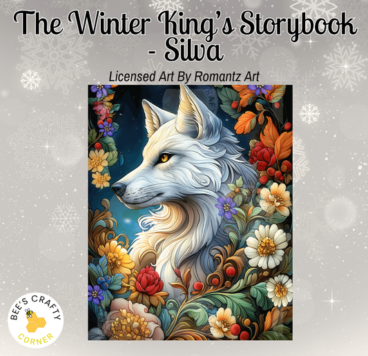 The image is a vibrant and detailed illustration of a white wolf surrounded by a colorful array of flowers and foliage. The wolf's face is prominently featured against a backdrop of a night sky, with the flowers and foliage adding depth and texture to the scene. The overall composition is visually striking and captures the essence of the winter king's storybook.