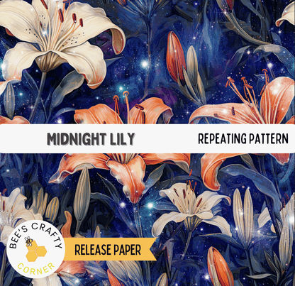 The image is a vibrant and colorful collage featuring a repeating pattern of large white and orange lilies against a dark blue background with stars.