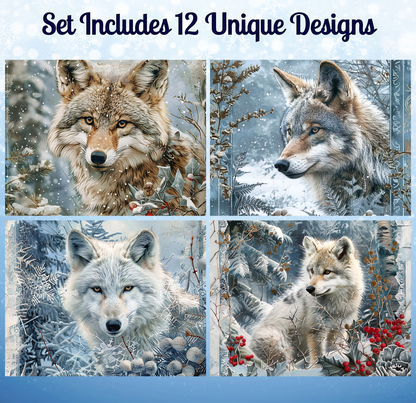 The image is a collage of four pictures depicting different aspects of a snowy forest environment, including a wolf, snow-covered trees, and berries.