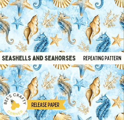 The image is a repeating pattern of seahorses and seashells against a blue background.