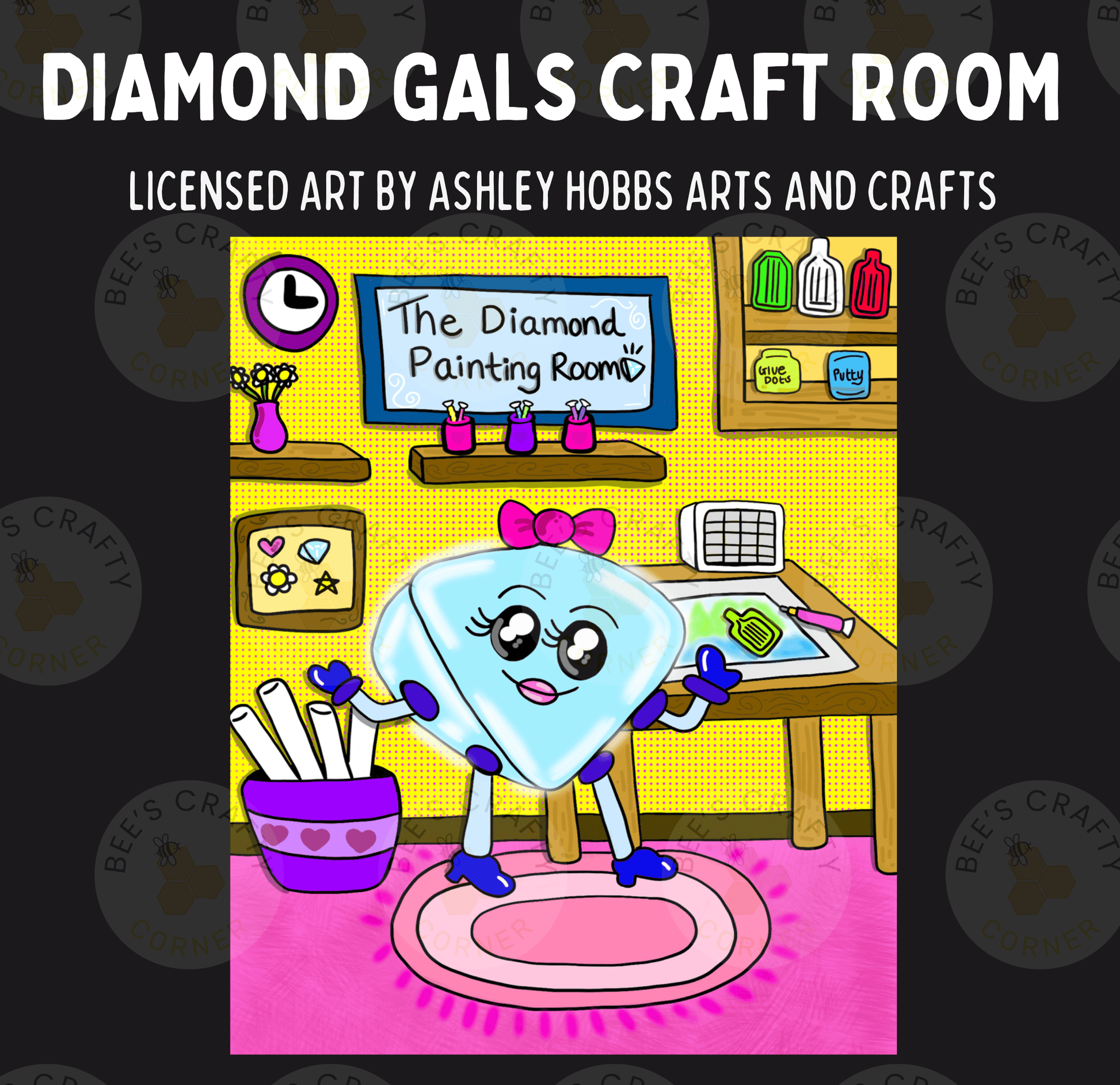 The image is a colorful illustration of a craft room with a diamond-shaped character holding a paintbrush and surrounded by various craft supplies and decorations.