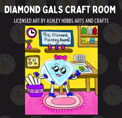 The image is a colorful illustration of a craft room with a diamond-shaped character holding a paintbrush and surrounded by various craft supplies and decorations.