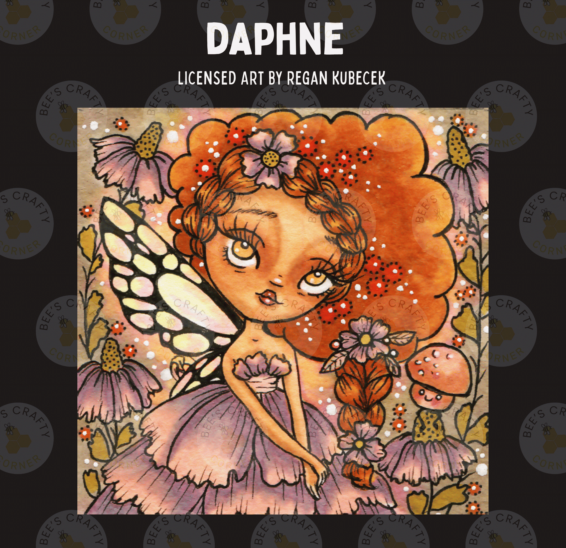 The image is a colorful illustration of a fairy with a butterfly-like wing, surrounded by flowers and mushrooms.