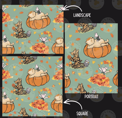 a repeating pattern of cartoon-style illustrations of animals, including bears, tigers, and pigs, on pumpkins and leaves. The pattern is divided into three sections, each with a different style of illustration: landscape, portrait, and square. The text "LANDSCAPE" and "PORTRAIT" are used to identify the different styles of the illustrations.