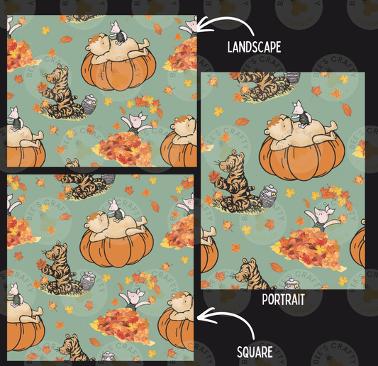 a repeating pattern of cartoon-style illustrations of animals, including bears, tigers, and pigs, on pumpkins and leaves. The pattern is divided into three sections, each with a different style of illustration: landscape, portrait, and square. The text "LANDSCAPE" and "PORTRAIT" are used to identify the different styles of the illustrations.