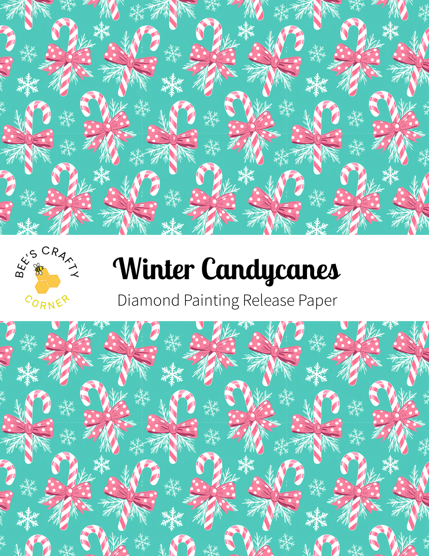 The image is a repeating pattern of pink and white candy canes against a teal background, with snowflakes scattered throughout.
