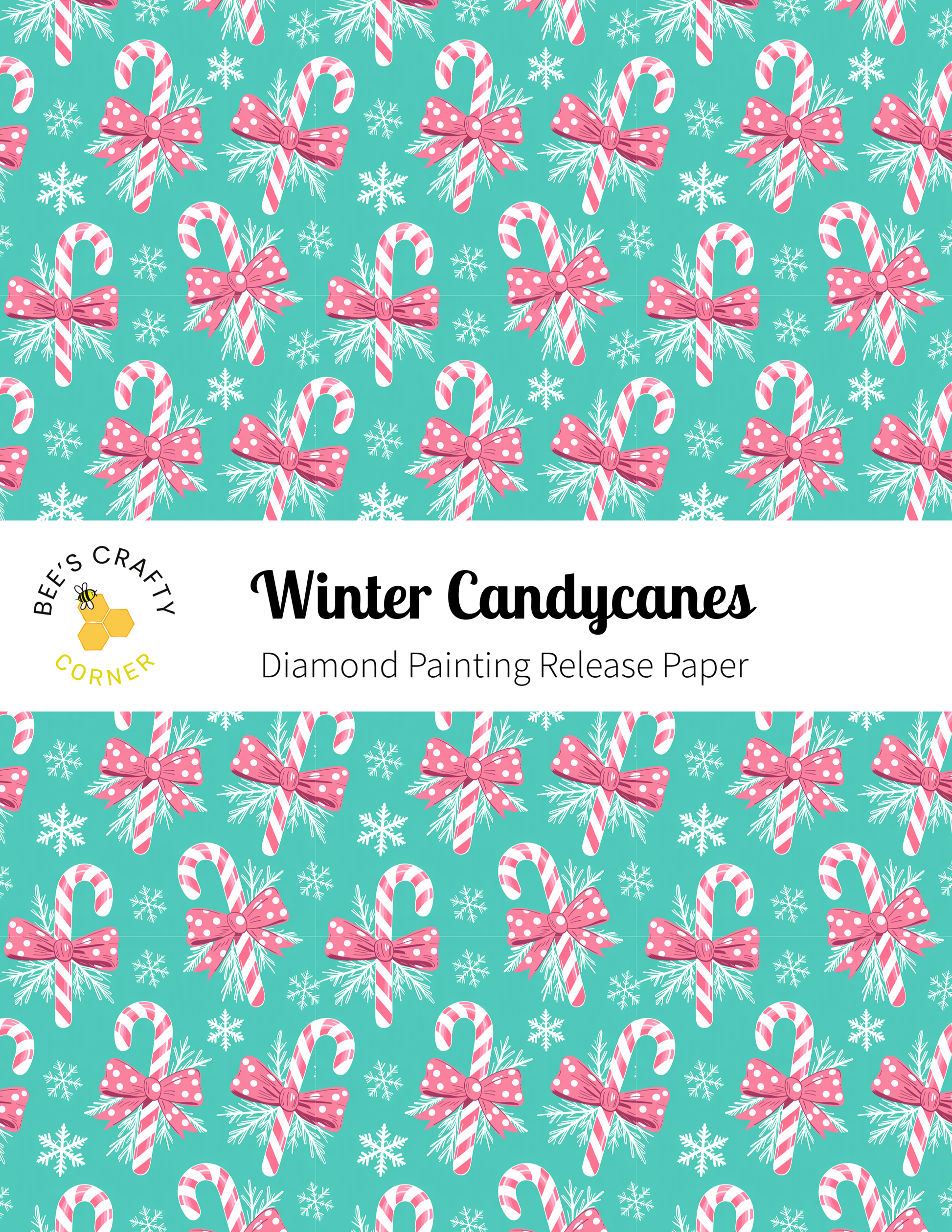 The image is a repeating pattern of pink and white candy canes against a teal background, with snowflakes scattered throughout.