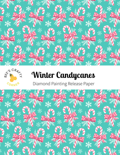 The image is a repeating pattern of pink and white candy canes against a teal background, with snowflakes scattered throughout.