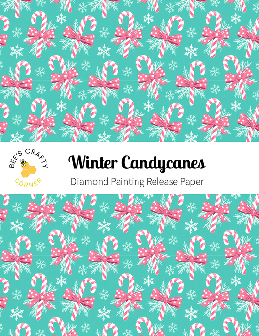 The image is a repeating pattern of pink and white candy canes against a teal background, with snowflakes scattered throughout.