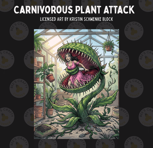 a carnivorous plant attack, with a woman being held captive by a large carnivorous plant.