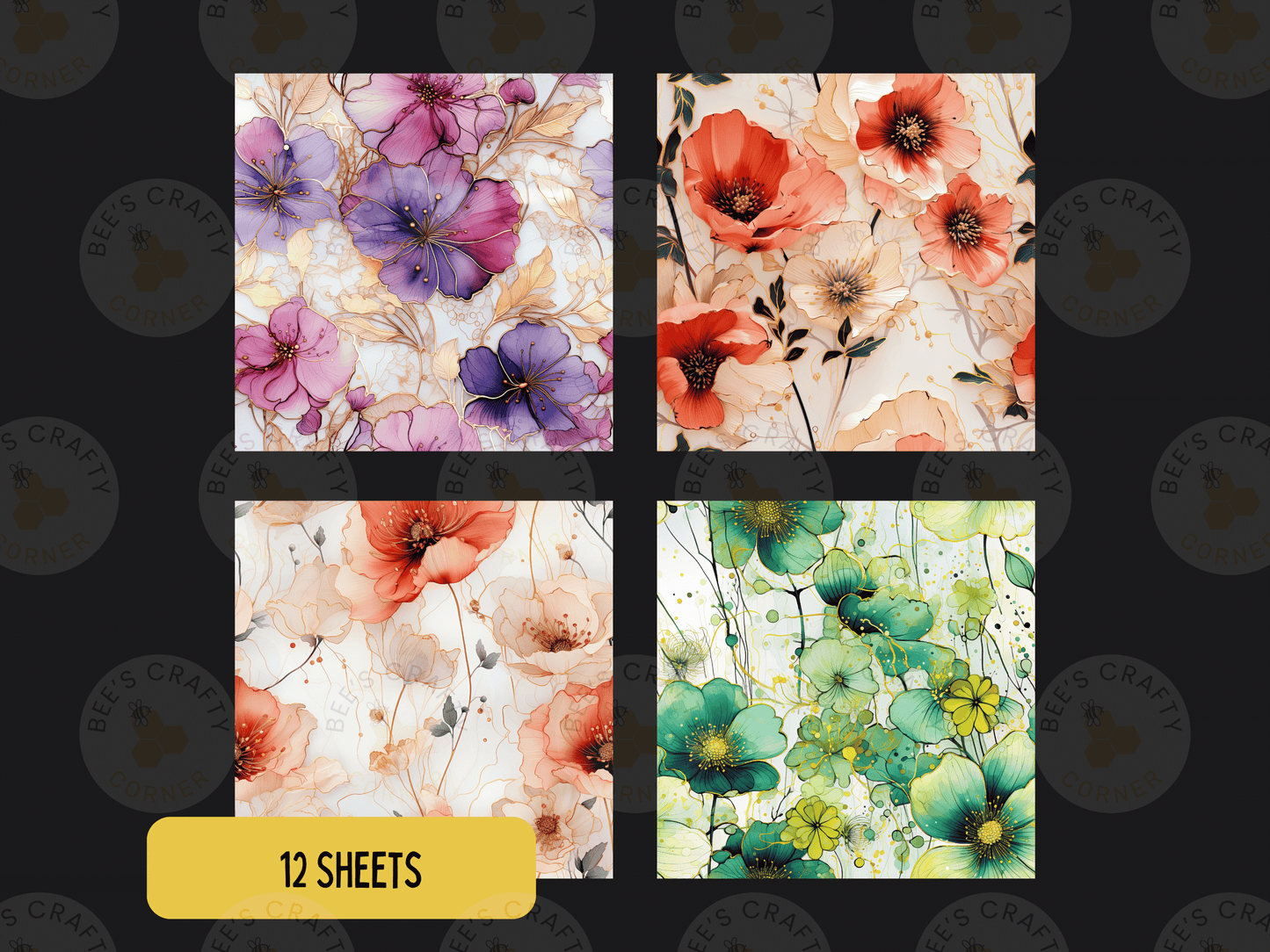 four square images, each with a different floral pattern. The images feature a variety of colors and designs, including red, pink, green, and white flowers. The text "12 SHEETS" is displayed in the bottom left corner, indicating that there are a total of 12 images in the collage.