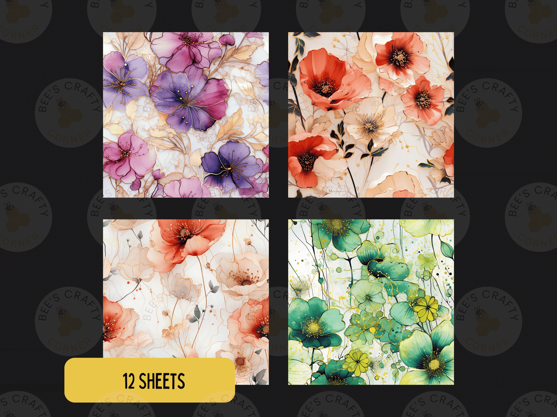 four square images, each with a different floral pattern. The images feature a variety of colors and designs, including red, pink, green, and white flowers. The text "12 SHEETS" is displayed in the bottom left corner, indicating that there are a total of 12 images in the collage.