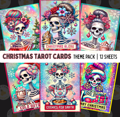The image is a collage of six Christmas-themed tarot cards, each featuring a skeleton with a unique hairstyle and floral headpiece. The cards are arranged in a theme pack, with a total of 12 sheets.