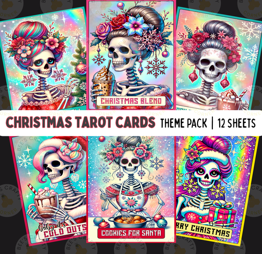 The image is a collage of six Christmas-themed tarot cards, each featuring a skeleton with a unique hairstyle and floral headpiece. The cards are arranged in a theme pack, with a total of 12 sheets.