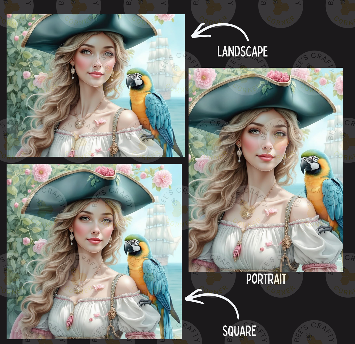 The image is a collage of three pictures depicting a woman with a parrot, with the first two images showing the woman in a landscape and portrait style, respectively.