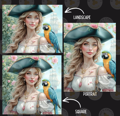The image is a collage of three pictures depicting a woman with a parrot, with the first two images showing the woman in a landscape and portrait style, respectively.