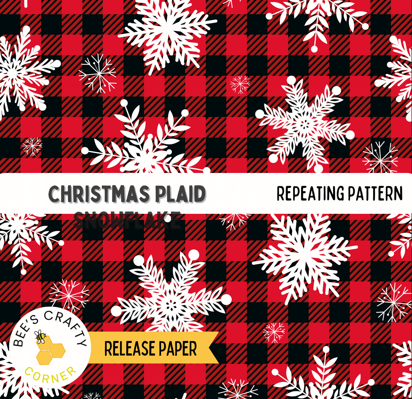 The image is a repeating pattern of Christmas plaid snowflakes on a red and black checkered background.