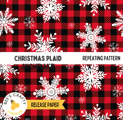 The image is a repeating pattern of Christmas plaid snowflakes on a red and black checkered background.