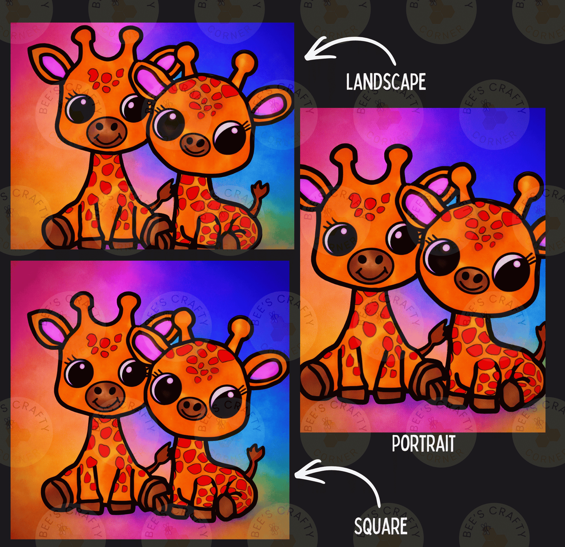 The image is a collage of four images depicting cartoon-style giraffes. The first image shows two giraffes sitting next to each other, the second image shows two giraffes sitting together, the third image shows two giraffes sitting together, and the fourth image shows two giraffes sitting together. The image is labeled as a landscape, portrait, and square, and the text "LANDSCAPE" is present in the top right corner of the collage.