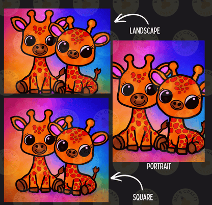 The image is a collage of four images depicting cartoon-style giraffes. The first image shows two giraffes sitting next to each other, the second image shows two giraffes sitting together, the third image shows two giraffes sitting together, and the fourth image shows two giraffes sitting together. The image is labeled as a landscape, portrait, and square, and the text "LANDSCAPE" is present in the top right corner of the collage.