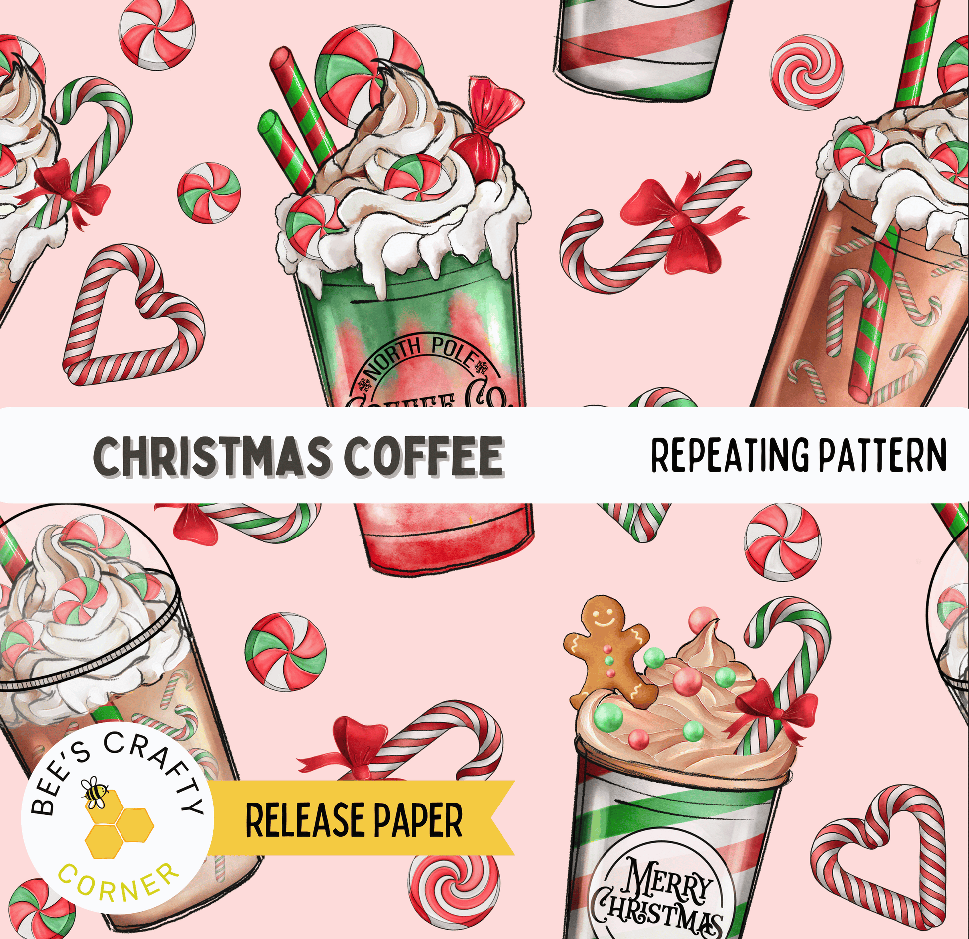 The image is a repeating pattern of Christmas-themed coffee drinks and candy canes against a pink background.