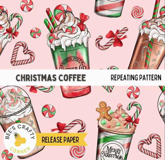 The image is a repeating pattern of Christmas-themed coffee drinks and candy canes against a pink background.