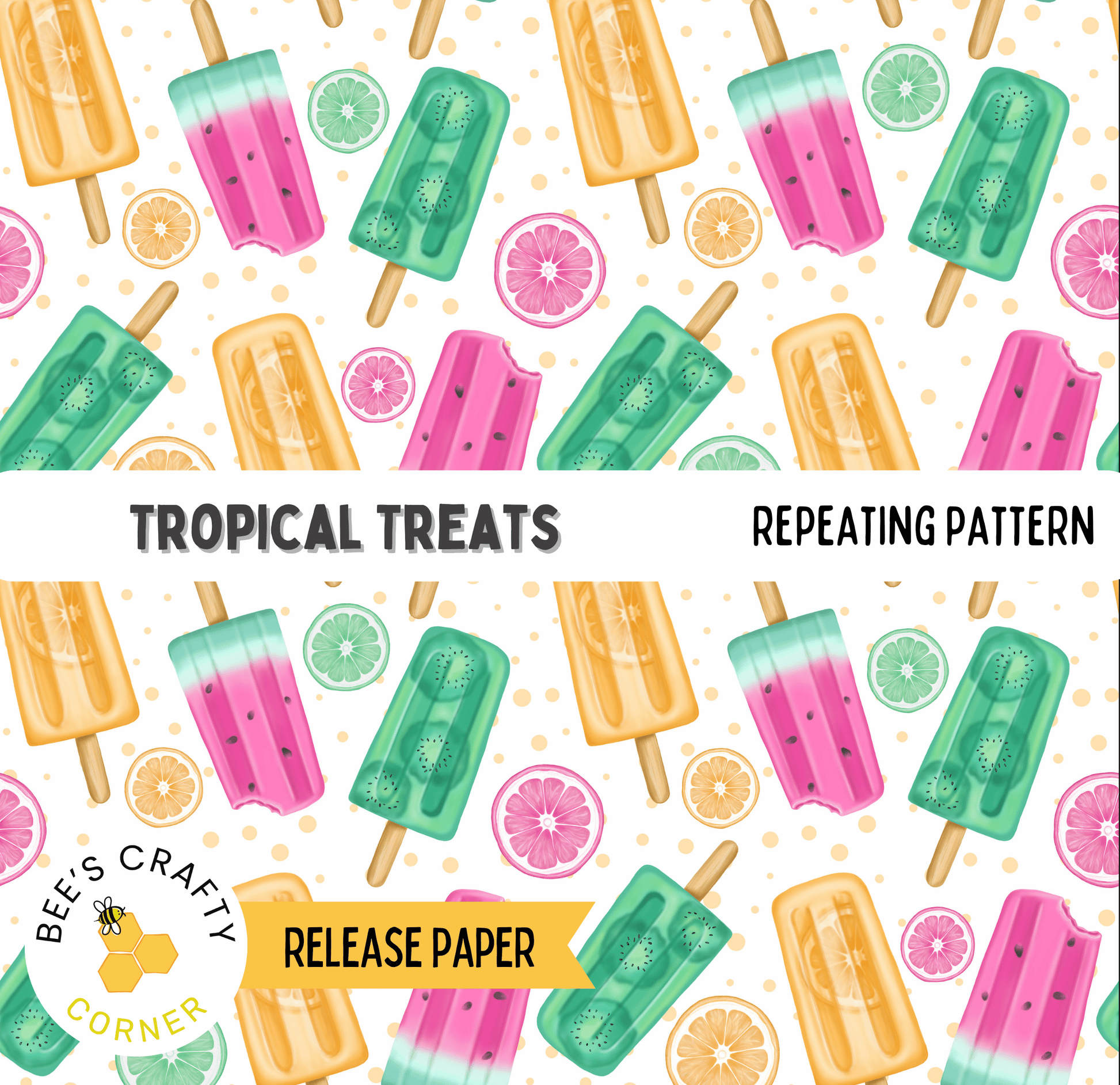 The image is a repeating pattern of colorful popsicle-style treats, including popsicles and fruit slices, against a white background.