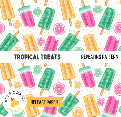 The image is a repeating pattern of colorful popsicle-style treats, including popsicles and fruit slices, against a white background.