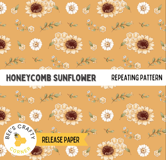 The image is a repeating pattern of honeycomb sunflowers and leaves on a yellow background.