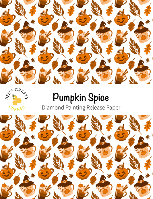 The image is a repeating pattern of Halloween-themed items, including pumpkins, mugs, and leaves, arranged in a diagonal layout.