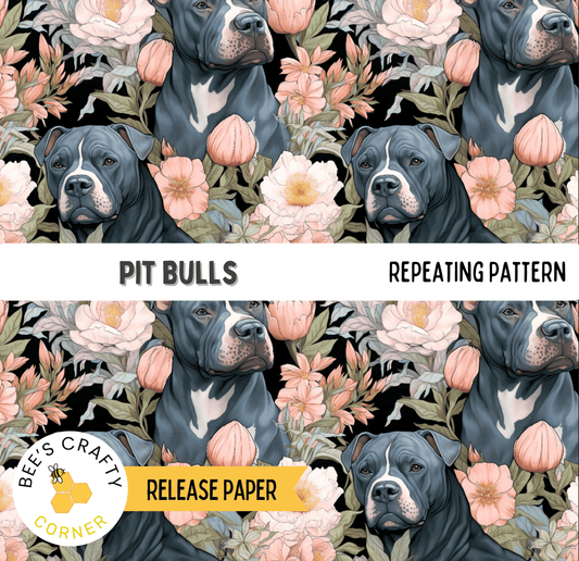 The image is a repeating pattern of pit bull dogs surrounded by pink and white flowers.