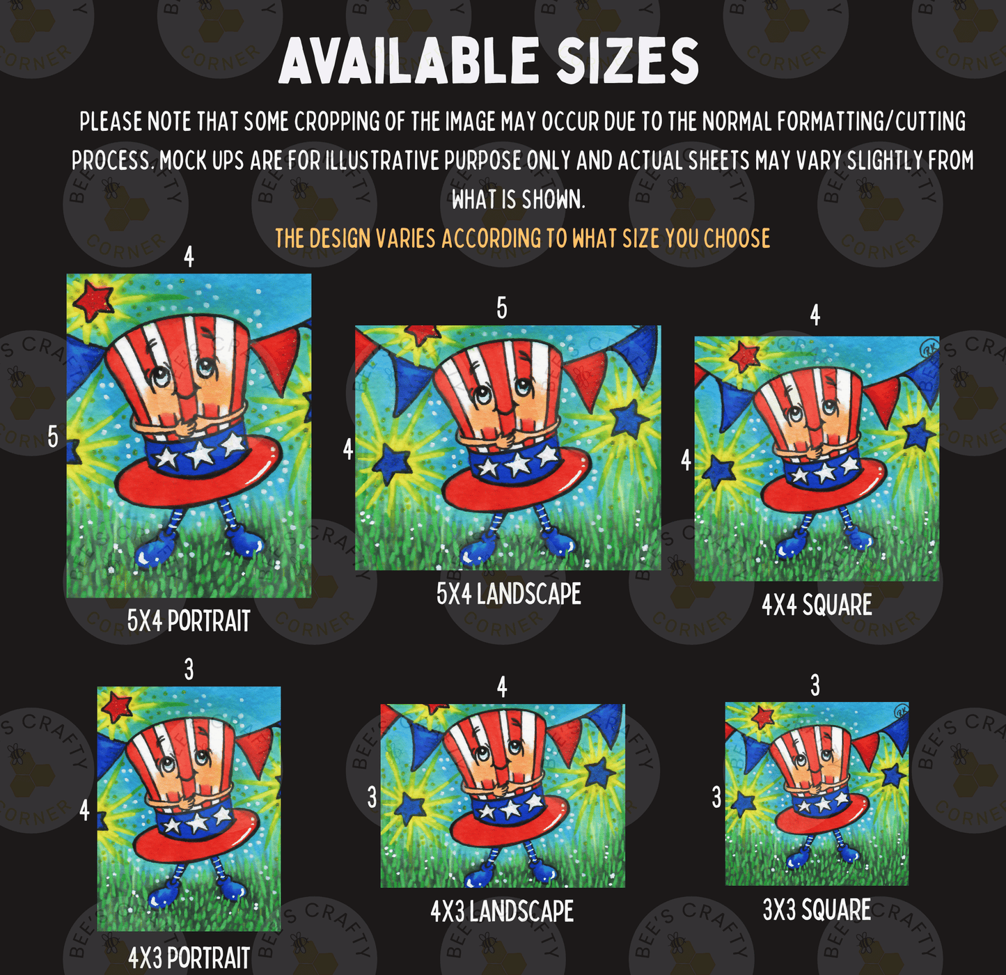 six different sizes of paintings or illustrations of a character wearing an American flag hat, set against a background of grass and stars.