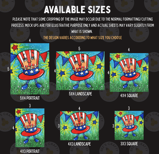 six different sizes of paintings or illustrations of a character wearing an American flag hat, set against a background of grass and stars.