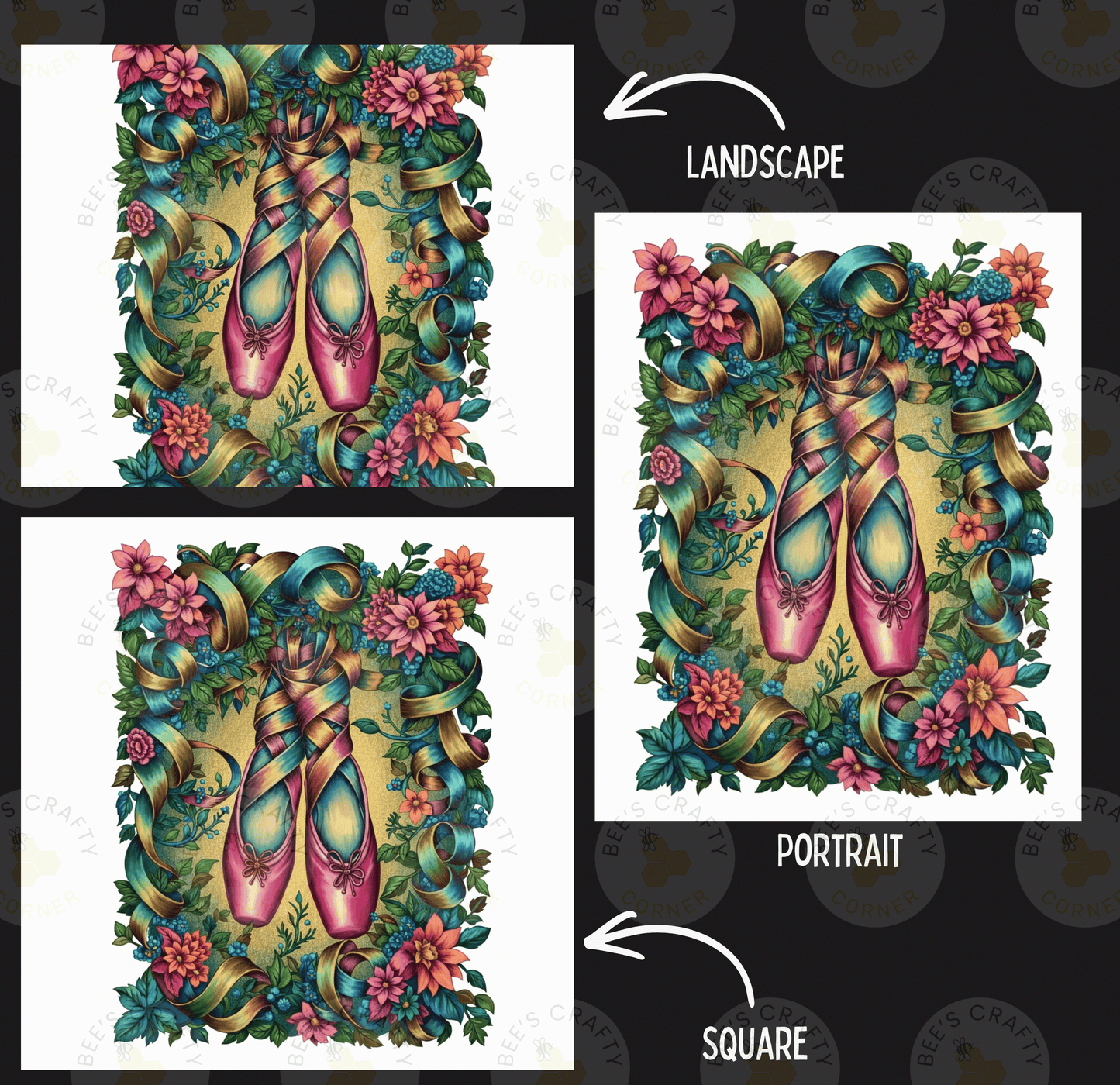 The image is a collage of three images, each depicting a pair of ballet shoes surrounded by a floral arrangement. The first image shows the shoes in a landscape setting, the second image is a portrait of the same shoes, and the third image is a square of the same floral arrangement.