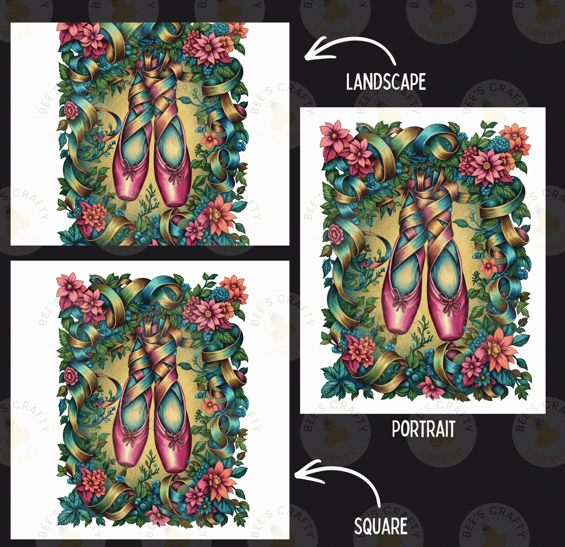 The image is a collage of three images, each depicting a pair of ballet shoes surrounded by a floral arrangement. The first image shows the shoes in a landscape setting, the second image is a portrait of the same shoes, and the third image is a square of the same floral arrangement.