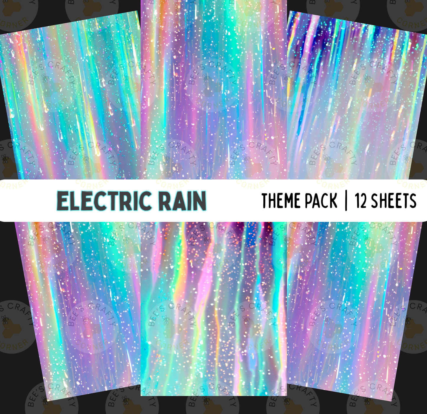 The image is a collage of 12 sheets featuring a vibrant, colorful, and abstract representation of "Electric Rain". The sheets display a variety of hues and patterns, including shades of blue, purple, green, and pink, as well as glitter and sparkles, creating a visually striking and dynamic composition.