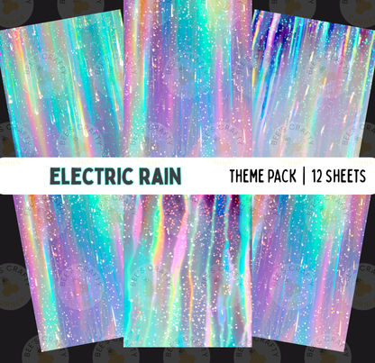 The image is a collage of 12 sheets featuring a vibrant, colorful, and abstract representation of "Electric Rain". The sheets display a variety of hues and patterns, including shades of blue, purple, green, and pink, as well as glitter and sparkles, creating a visually striking and dynamic composition.