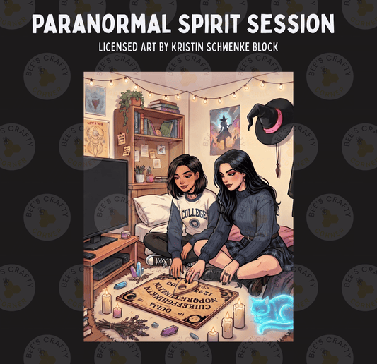 The image is a collage of two images depicting two women sitting on a couch, surrounded by various objects such as a Ouija board, candles, and a cat.