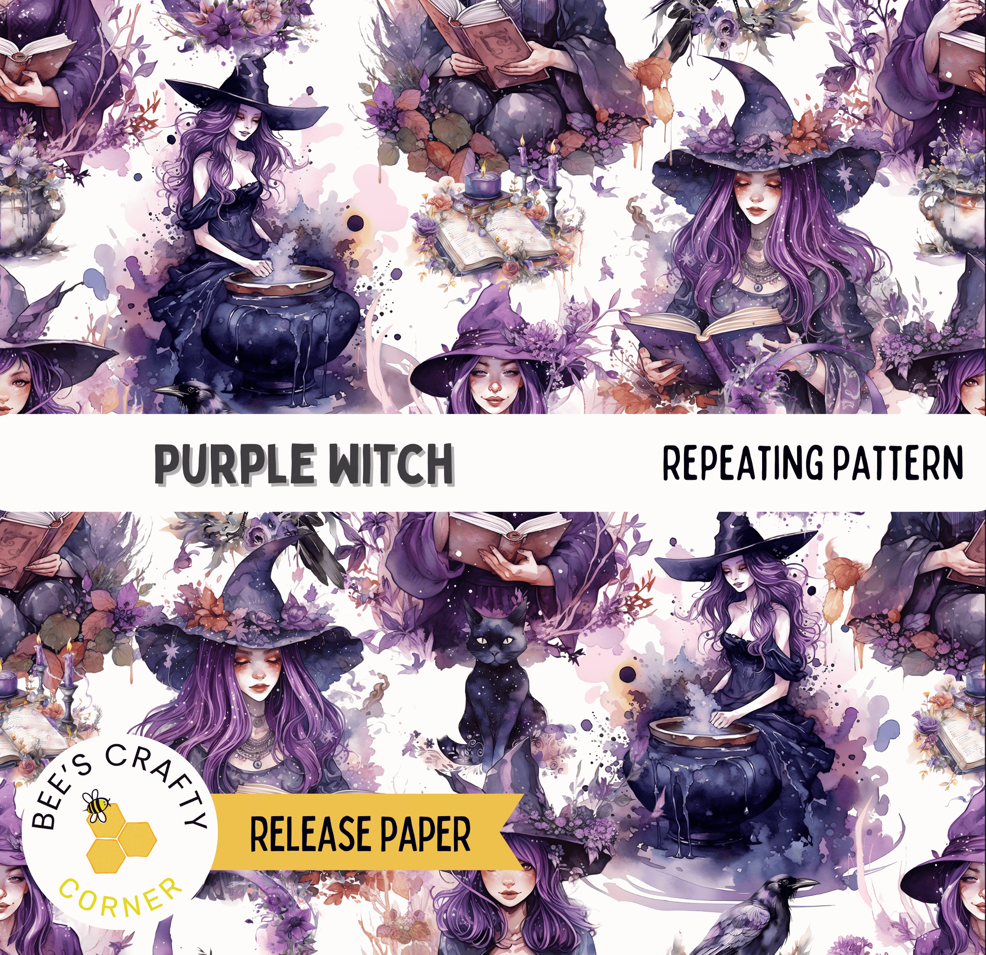 The image is a repeating pattern featuring purple-haired women in witch costumes, along with various elements such as flowers, books, and a black cat.