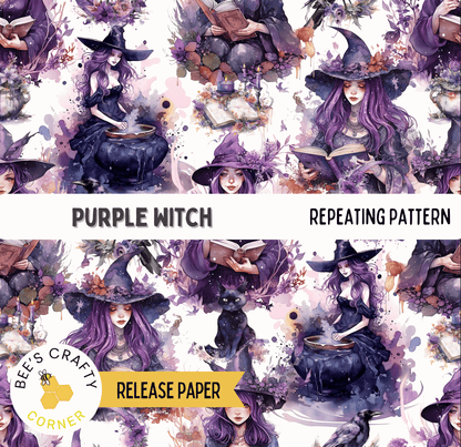 The image is a repeating pattern featuring purple-haired women in witch costumes, along with various elements such as flowers, books, and a black cat.