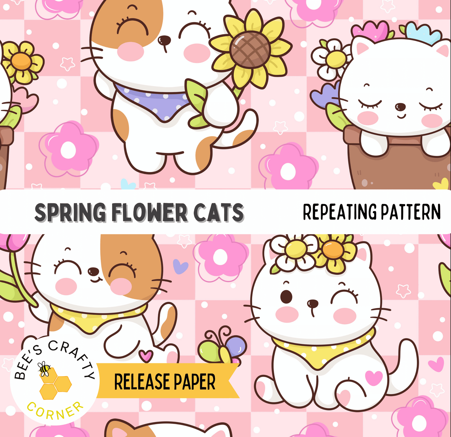 The image is a collage of various cartoon cat illustrations, each holding flowers and surrounded by flowers, creating a spring-themed scene.