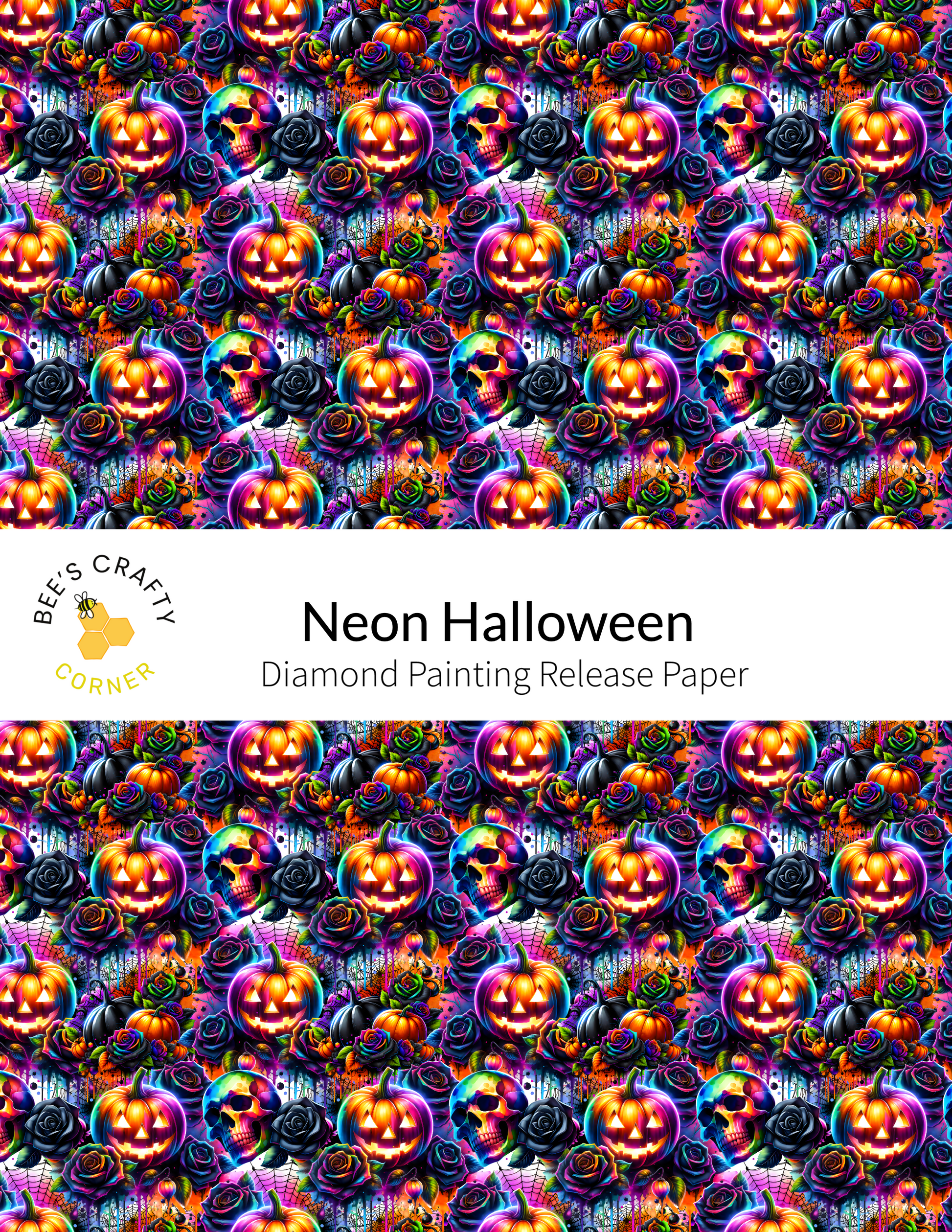 The image is a repeating pattern of Halloween-themed pumpkins and other spooky elements, creating a vibrant and festive atmosphere.