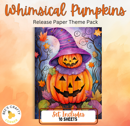 The image is a colorful illustration of a witch wearing a purple hat and a jack-o-lantern, surrounded by autumn leaves and pumpkins.
