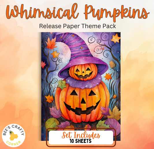 The image is a colorful illustration of a witch wearing a purple hat and a jack-o-lantern, surrounded by autumn leaves and pumpkins.