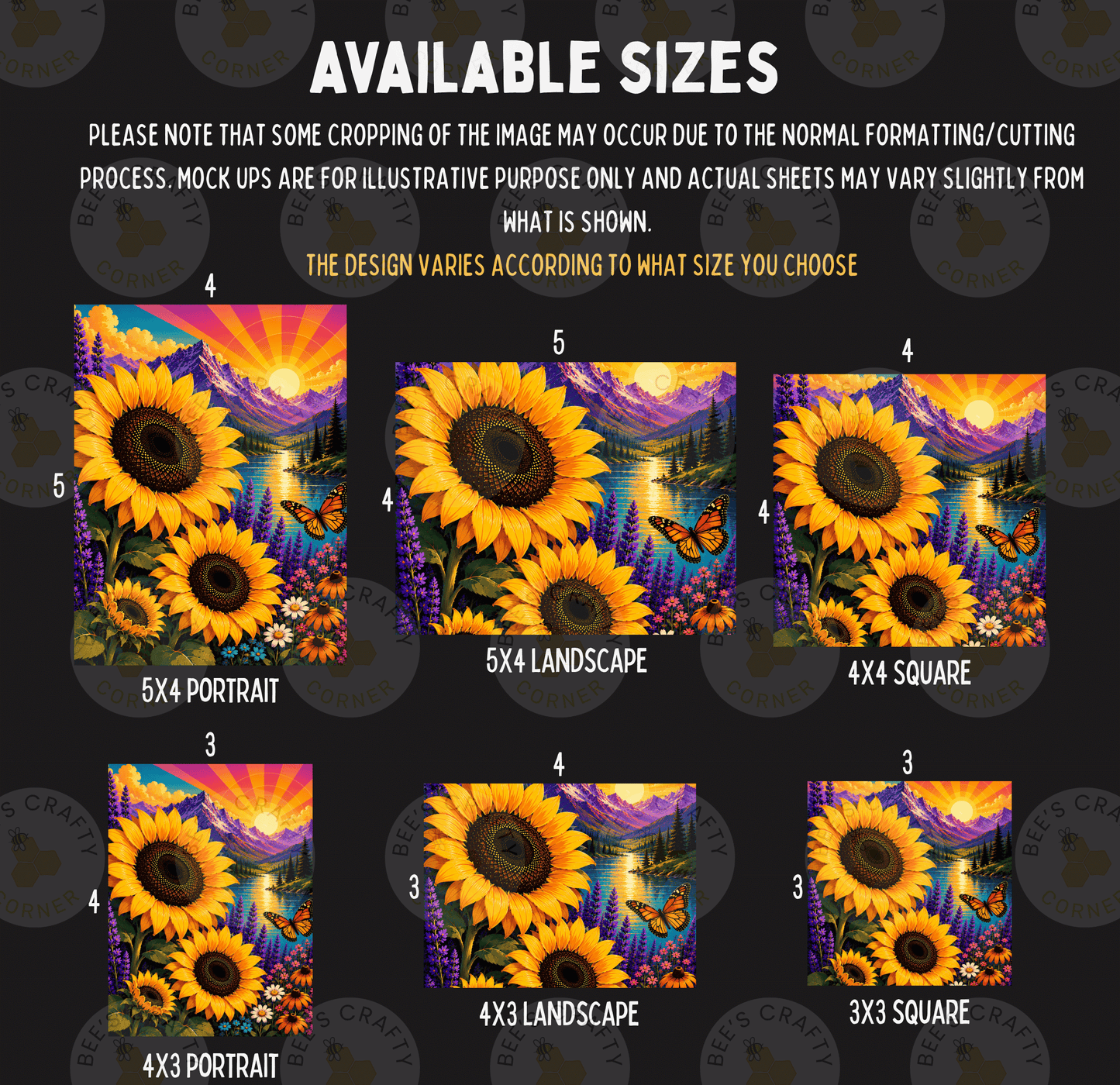 six different sizes of sunflower paintings, each with a unique landscape and composition. The sizes range from 3x3 to 5x5, and the paintings vary in style and subject matter, such as landscapes, portraits, and abstract designs. The image is a collage of multiple sunflower paintings, and the sizes are not limited to a specific range but rather vary depending on the viewer's preference.