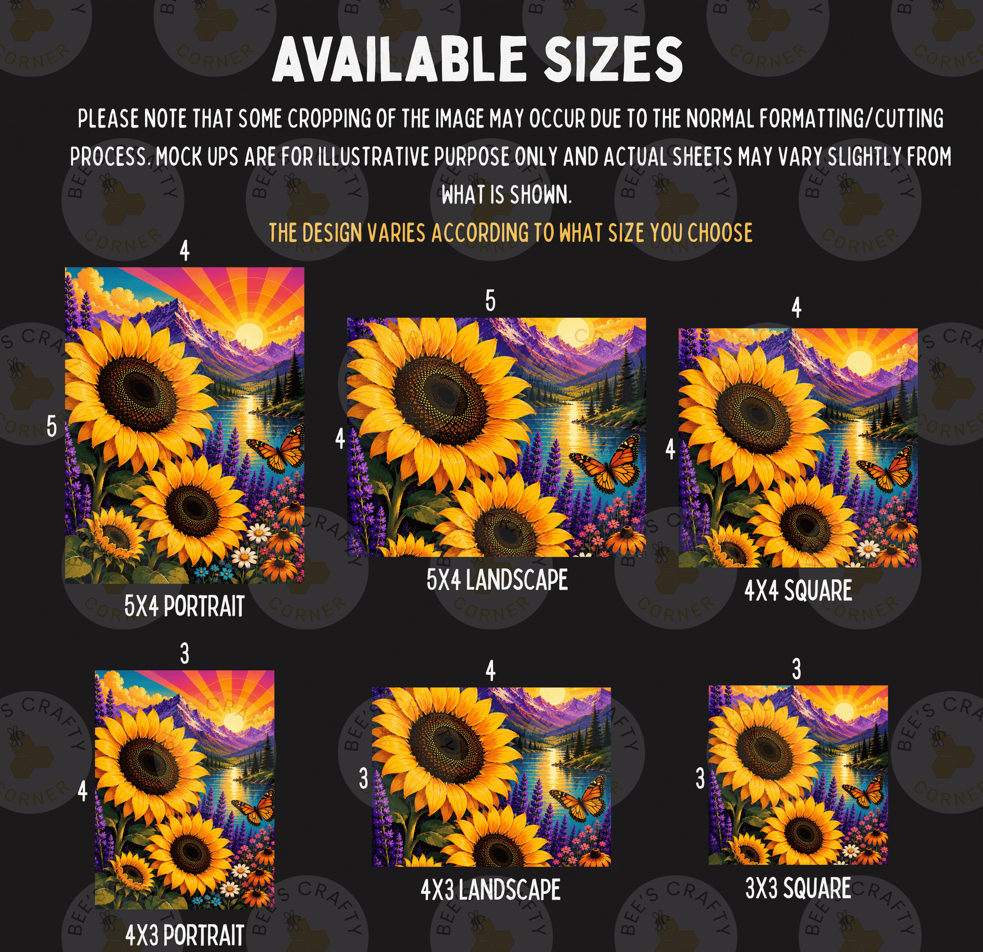 six different sizes of sunflower paintings, each with a unique landscape and composition. The sizes range from 3x3 to 5x5, and the paintings vary in style and subject matter, such as landscapes, portraits, and abstract designs. The image is a collage of multiple sunflower paintings, and the sizes are not limited to a specific range but rather vary depending on the viewer's preference.
