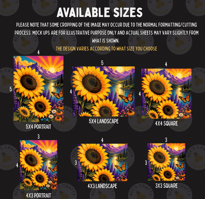 six different sizes of sunflower paintings, each with a unique landscape and composition. The sizes range from 3x3 to 5x5, and the paintings vary in style and subject matter, such as landscapes, portraits, and abstract designs. The image is a collage of multiple sunflower paintings, and the sizes are not limited to a specific range but rather vary depending on the viewer's preference.