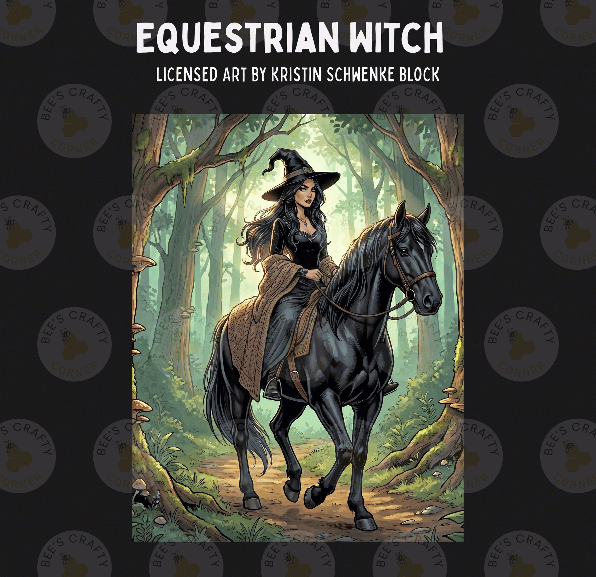 a woman riding a black horse through a forest, with mushrooms and trees surrounding them.